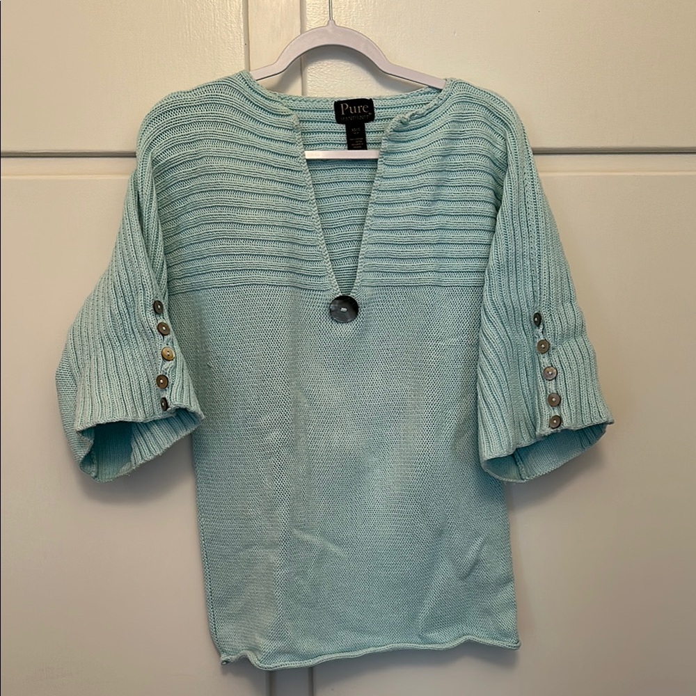 EUC Pure Handknit Chunky 100% Cotton Light Blue Knit Sweater